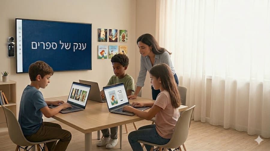 מורה ותלמידים יוצרים ספרים עם ענק של ספרים