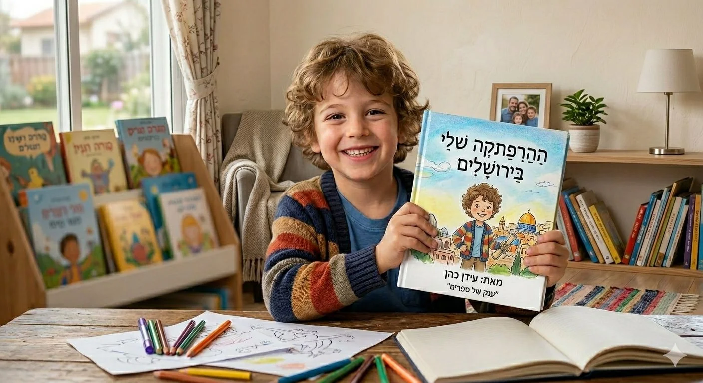 ילד מציג ספר אישי שנוצר בענק של ספרים